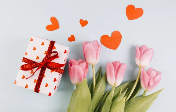 Picture gift, bouquet, hearts, tulips
