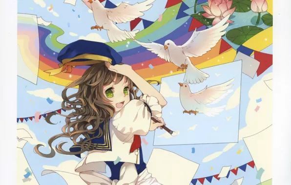 Joy, paper, rainbow, Lotus, pigeons, girl, brush, flags