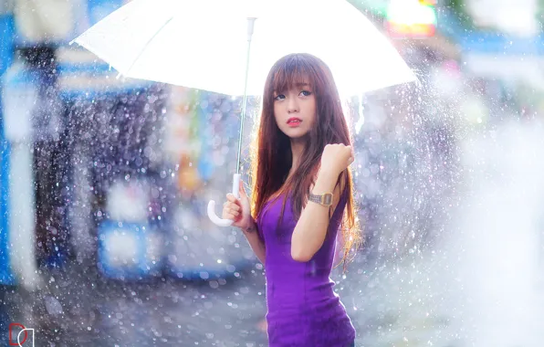 Picture girl, rain, umbrella, Asian