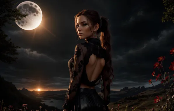 Picture the sky, girl, light, face, the moon, back, blouse, beauty