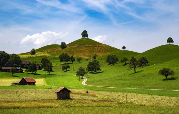 Picture road, hills, home, Switzerland