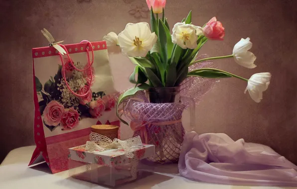 Picture table, box, gift, dragonfly, package, tulips, vase, still life