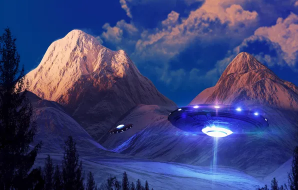 Clouds, light, landscape, mountains, fiction, UFO, spaceship, aliens