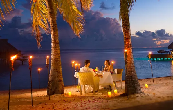Beach, palm trees, the ocean, romance, the evening, candles, glasses, lights