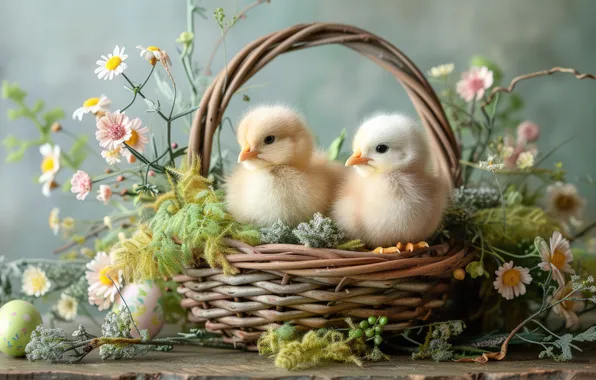 Flowers, holiday, Board, chickens, eggs, spring, Easter, chicken