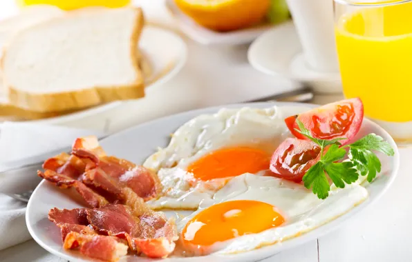Picture greens, Breakfast, scrambled eggs, tomato, bacon, tomatoes, greens, Breakfast