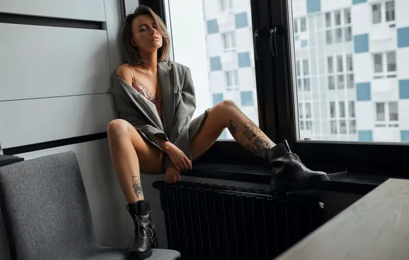 Picture girl, pose, shoes, window, sill, jacket, tattoo, Rus