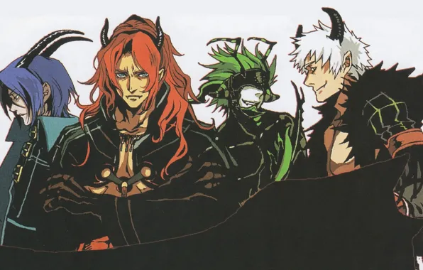 Red, horns, green hair, demons, grin, visual novel, lamento, razel