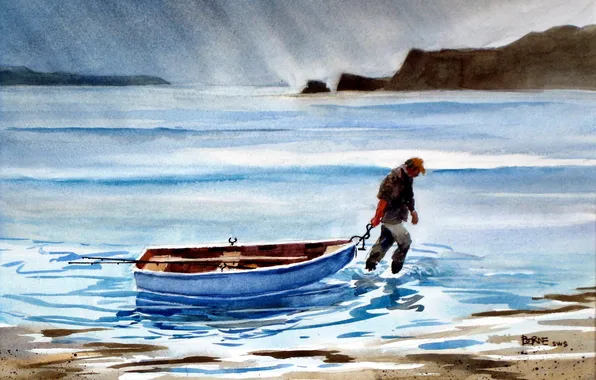 Picture sea, landscape, boat, picture, watercolor