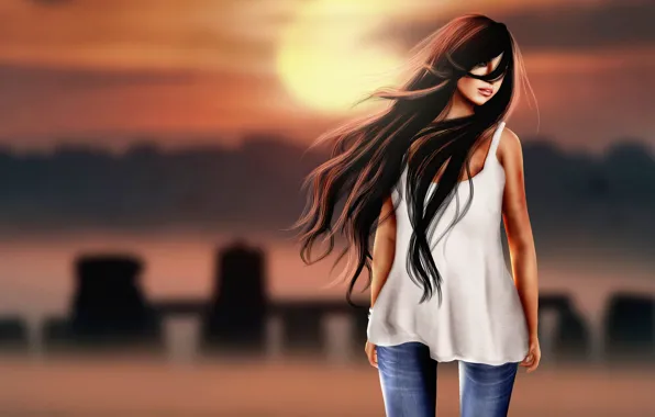 Girl, face, rendering, background, the wind, hair, brunette, lips