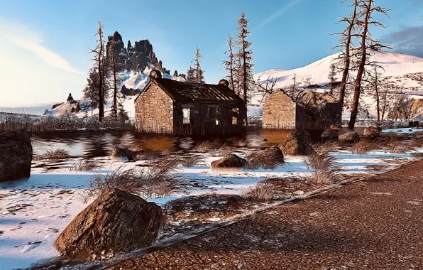 HDR, Mountain, Snow, Street, Game, Sunshine, Sea, Trees