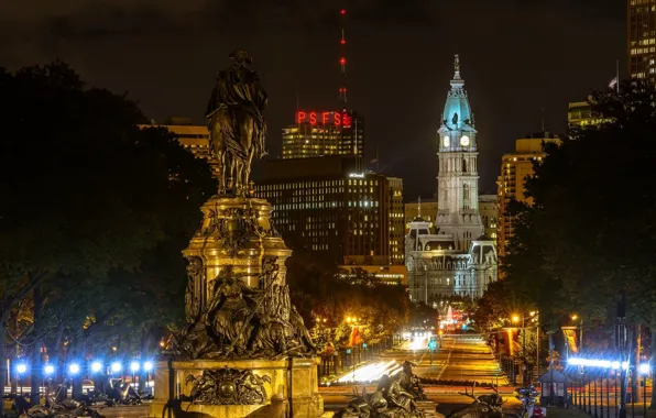 Night, the city, lights, monument, statue, Philadelphia
