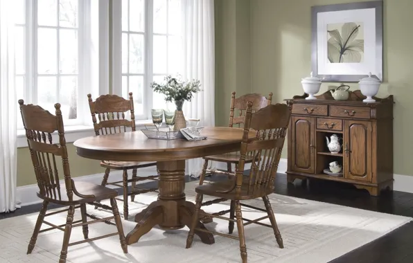 Table, chairs, interior, dishes, dining room