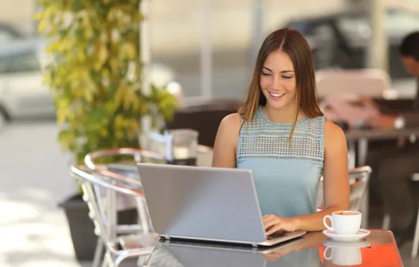 Girl, coffee, cafe, laptop, woman working in a restaurant
