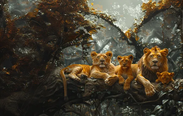 Wallpaper Tree, Leaves, Kittens, Lions, Digital art, Predators, Cubs ...