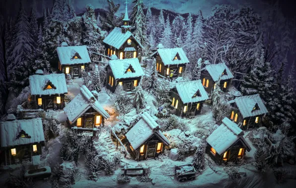 Picture winter, snow, houses, figure, Merry Christmas