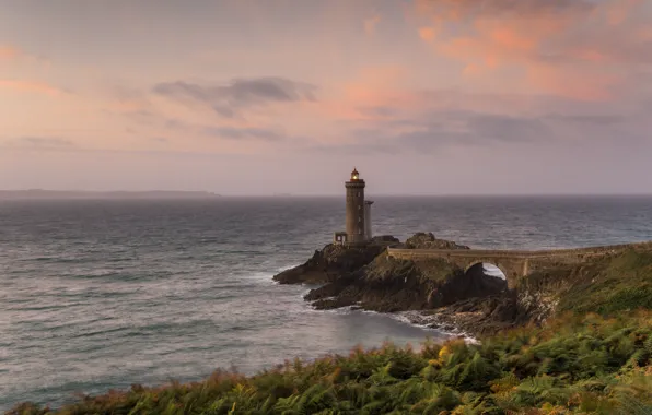 Sea, the sky, clouds, bridge, rocks, shore, France, pierce