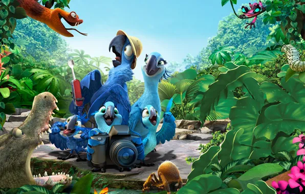 Birds, river, jungle, parrots, Brazil, Rio de Janeiro, Cartoon, Jewel