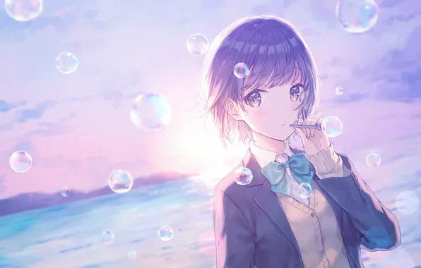 Picture girl, anime, art, bubbles