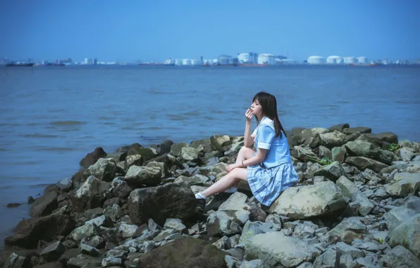 Asian, Model, Beach, Woman, Pretty, Japanese, Uniform, Shore