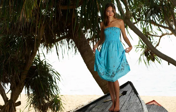 Picture look, girl, palm trees, boat, dress, brown hair, Emily, amelie