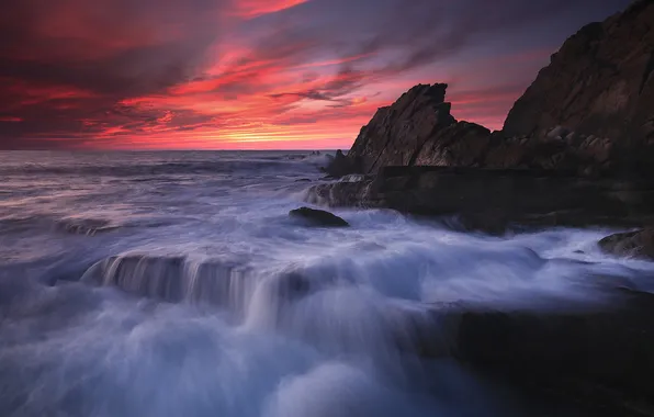 Sea, sunset, rocks, Spain, Bizkaia