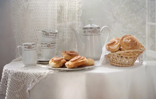 Dishes, still life, cakes, buns
