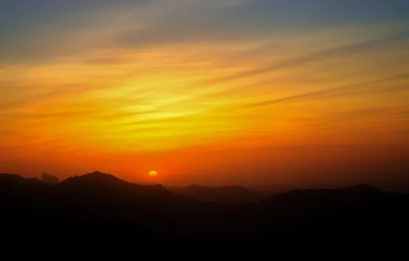 Picture sunset, mountains, silhouette, orange sky
