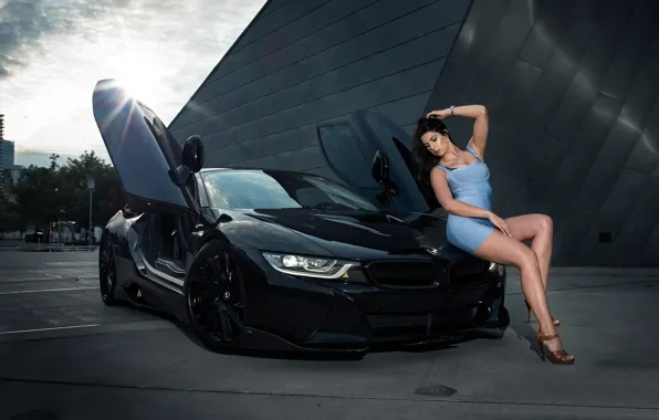 Picture look, Girls, BMW, beautiful girl, black car, beautiful dress, posing on the hood
