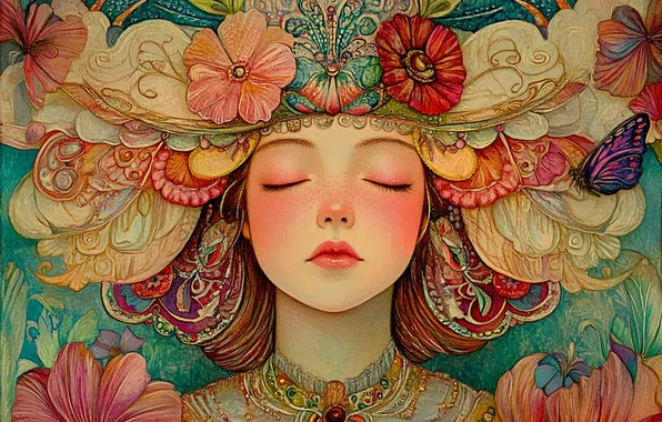 Girl, flowers, pattern, butterfly, portrait, styling, hat, hairstyle