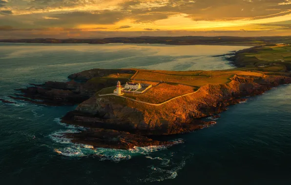 Sea, the sky, water, sunset, coast, lighthouse, Ireland