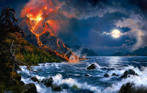 Sea, landscape, the volcano, art, Jesse Barnes, the eruption of the volcano