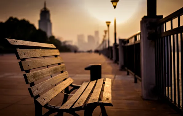 Sea, light, bench, the city, Park, background, lamp, people