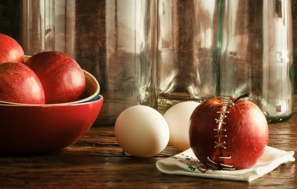 Picture glass, table, apples, bottle, eggs, still life, halves, napkin