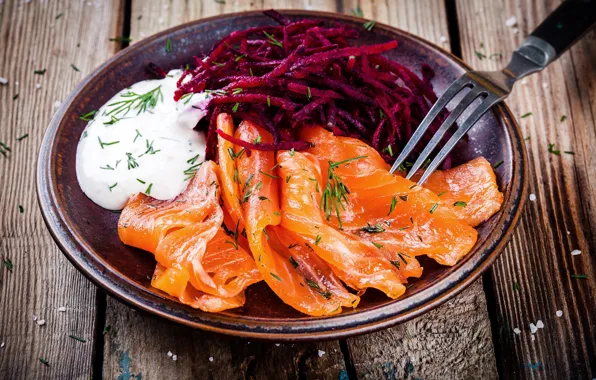 Fish, vegetables, sauce, beets