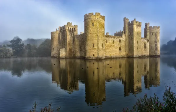 Picture water, fog, reflection, castle, tower, vintage