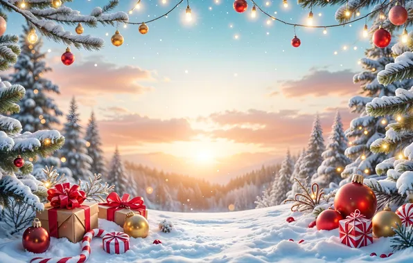Winter, frost, forest, the sky, the sun, clouds, balls, rays