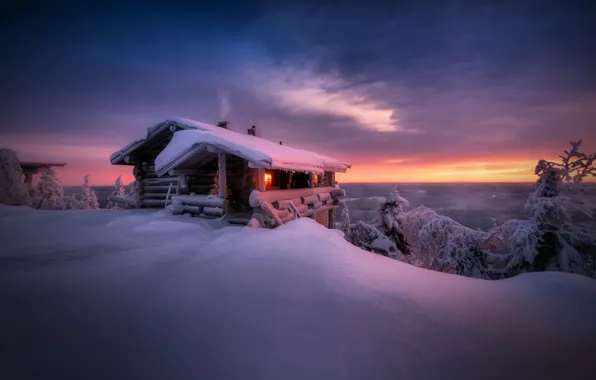 Picture winter, snow, the evening, Skid, hut