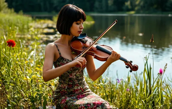 Nature, music, river, sundress, digital art, digital art, AI art, plays the violin