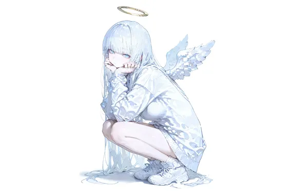 Picture girl, white, anime, wings, angel, hair