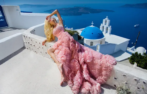 Picture pose, style, mood, model, Santorini, Greece, dress, Church