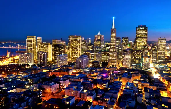 Picture lights, building, CA, San Francisco, night city, skyscrapers, California, San Francisco