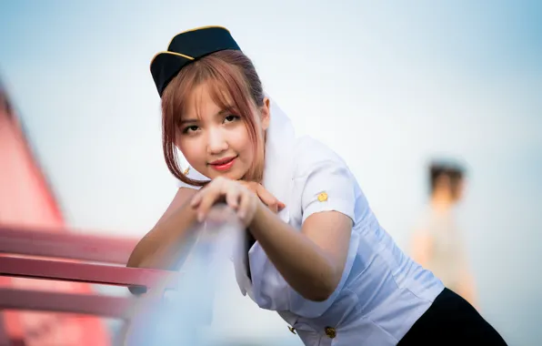 Picture girl, Asian, uniform, bokeh, stewardess