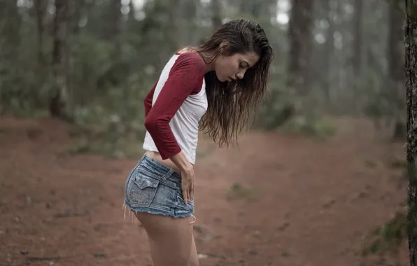 Girl, trees, rain, overcast, shorts, wet, figure, brunette