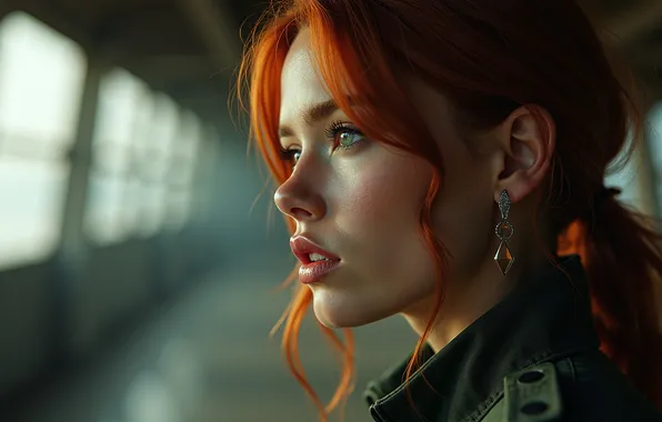 Girl, earrings, jacket, lips, red, girl, earrings, redhead