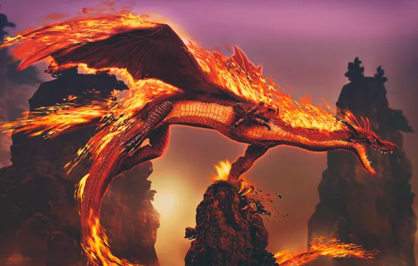 Fire, fantasy, Dragon, horns, wings, tail, rocks, digital art