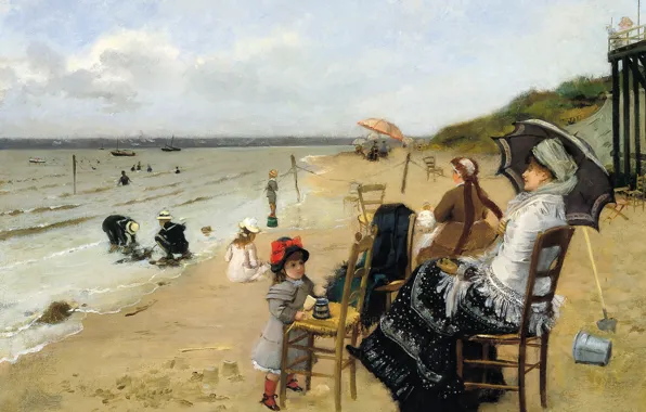 Sea, picture, genre, Ernest Ange Duez, Mother with Daughter on the Beach