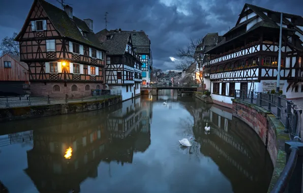 Picture night, the city, street, France, home, channel, swans, Strasbourg