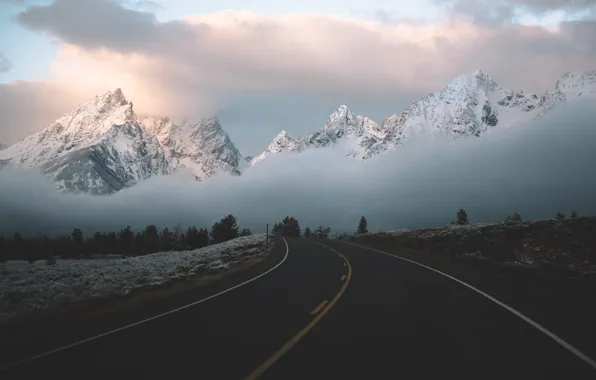Road, clouds, mountains, fog