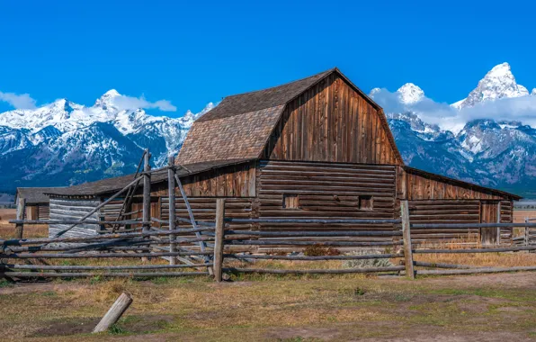 Field, mountains, house, view, Grand Teton